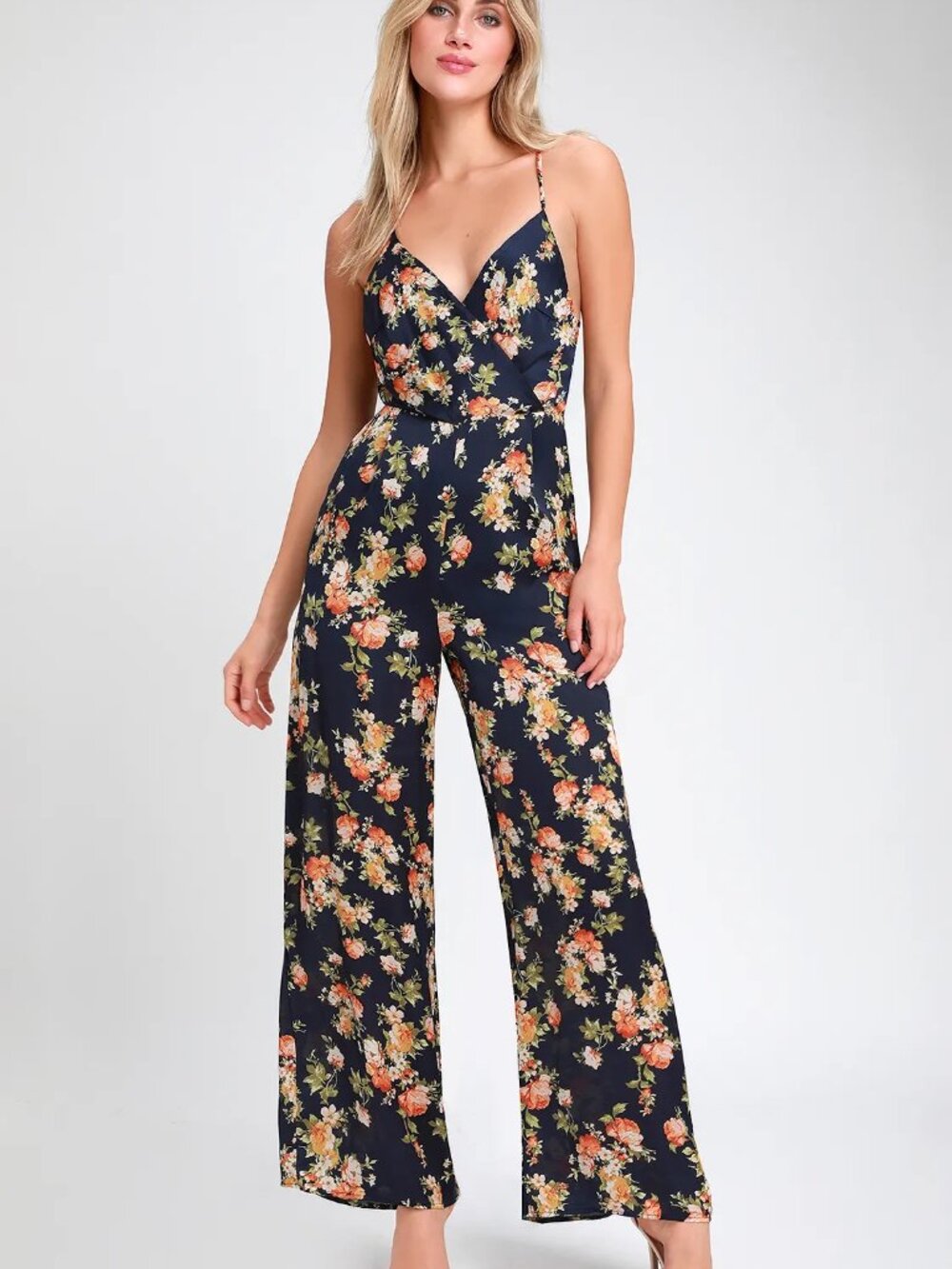 Get a Bloom Navy Blue Floral Print Satin Wide-Leg Jumpsuit